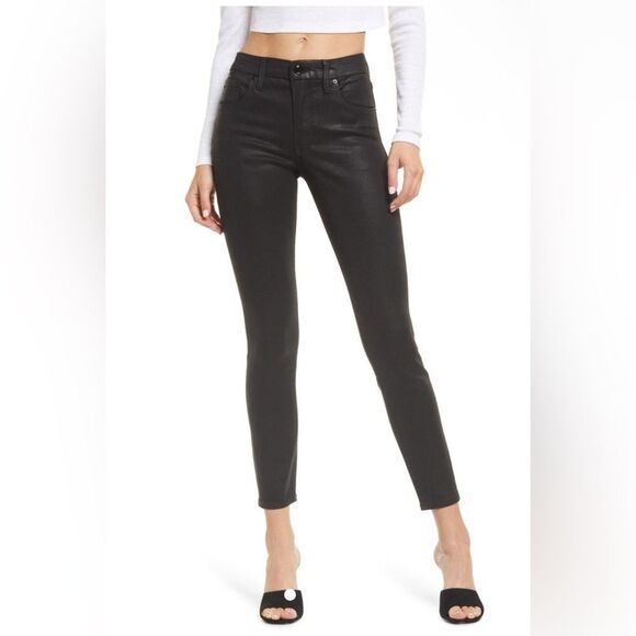 GOOD AMERICAN Good Classic' Black Coated Ankle Straight Leg Jeans - Picture 1 of 8